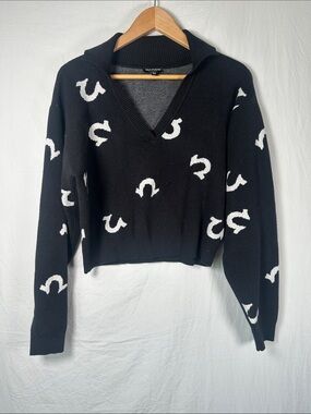 True Religion Black Cropped V-Neck Sweater with White Logo Motifs